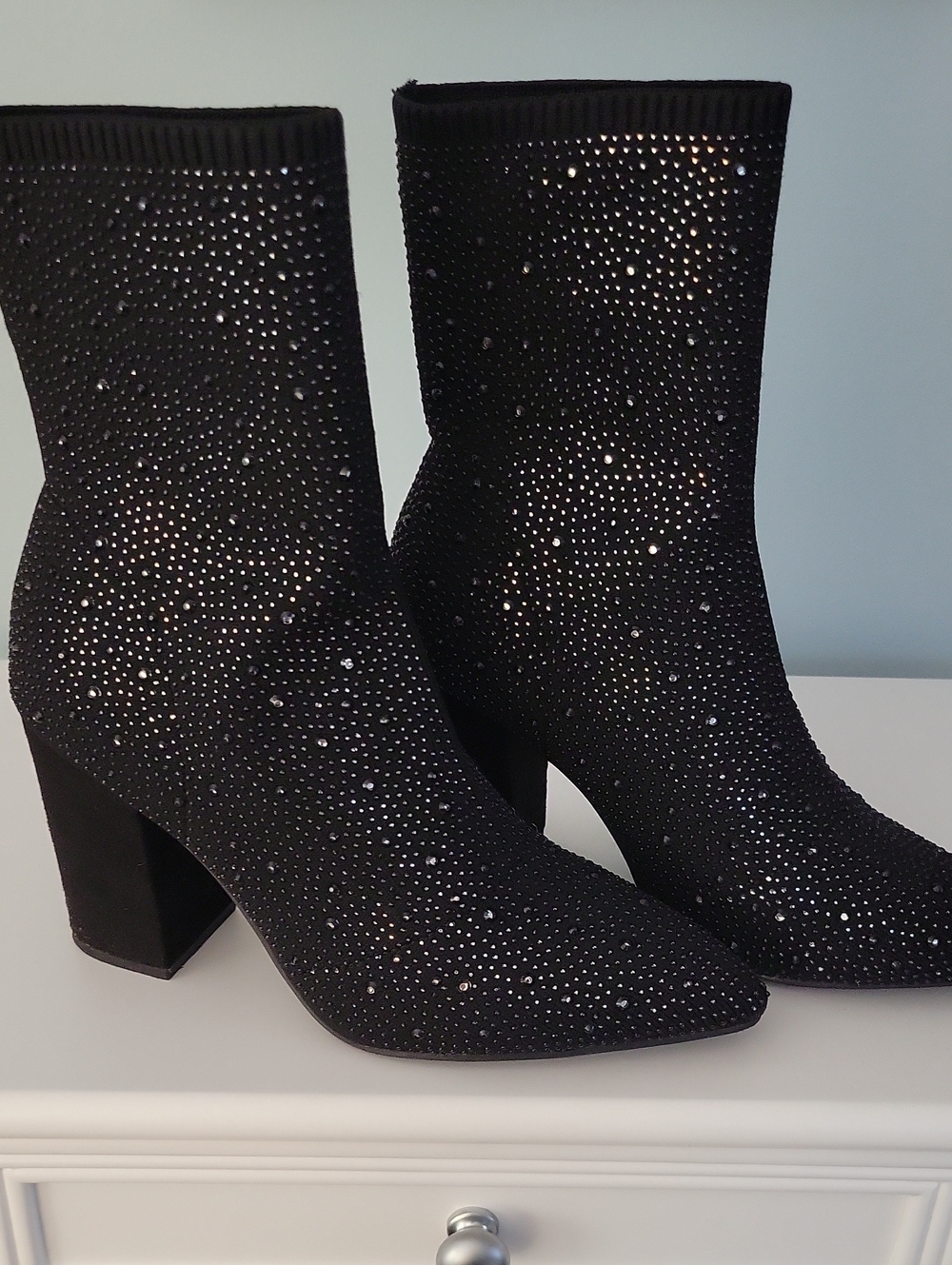 MIA Black Rhinestone Stretch Sock Booties with Block Heel